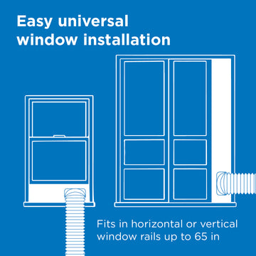 Westinghouse | WPac8000 Portable Air Conditioner - image shows a blue background with "easy universal window installation, Fits in horizontal or vertical window rails up to 65 in." showing how the window installation and hose fit in windows.