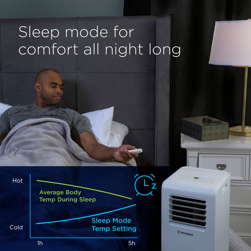 Westinghouse | WPac8000 Portable Air Conditioner shown in use by a bed with a man preparing to go to sleep with words at the top of the image reading - sleep mode for comfort all night long