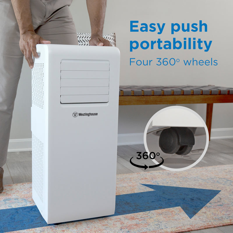 Westinghouse | WPac8000 Portable Air Conditioner shown rolling over carpet and their 360 wheels with words at the top reading easy push portability four 360 degree wheels